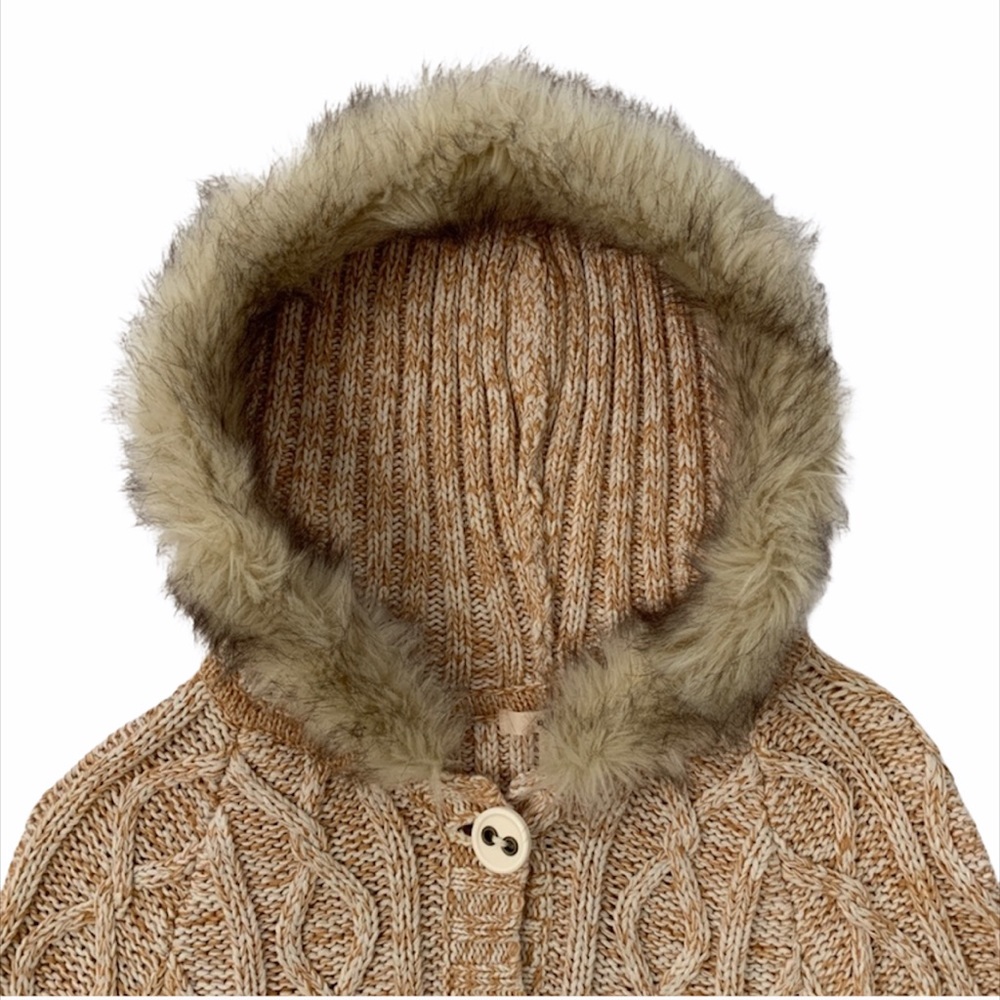 Dkny Beige Cable Knit Hooded Sweater with Faux Fur Trim